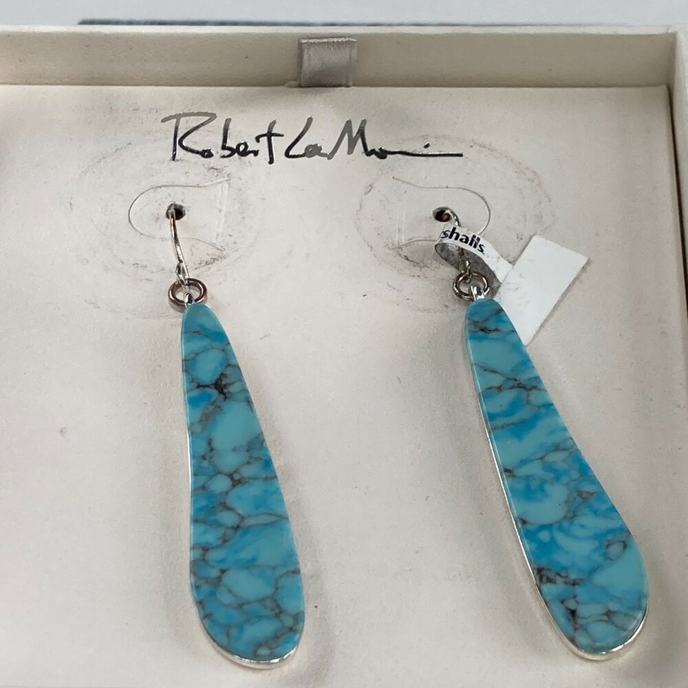 NIB Robert L Morris Soho long turquoise on silver tone dangle earrings